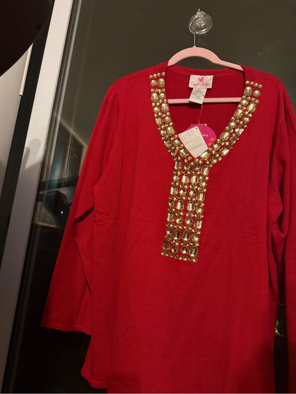 Quacker Factory Red V-Neck Sweater with Gold Embellishment